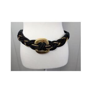 Vintage Leather Shop Womens Black Belt Woven Braided Rope Gold Hardward Stretch